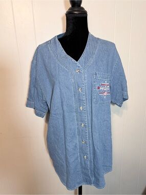 Casual Light Blue Denim Button-Down Shirt with USA Pocket Embroidery